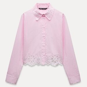Zara Pink Button Down Shirt with Lace Hem